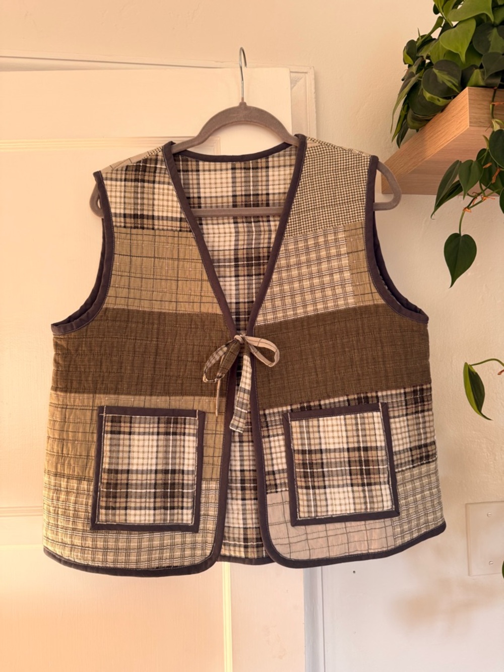 Patchwork Plaid Tie-Front Women's Vest in Brown